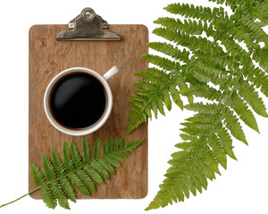 Wooden clipboard with coffee and ferns