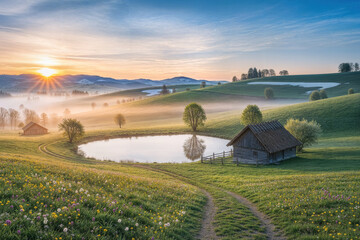 Sunrise Over Rolling Hills With Pond and Rustic Building