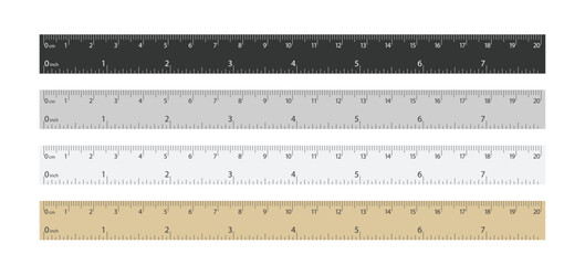 different material measuring rulers isolated in set
