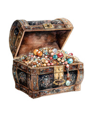 Open wooden treasure chest overflowing with jewels