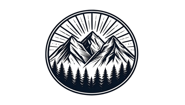 A circular graphic of mountains, sunburst, and forest