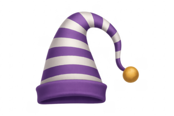 Purple and white striped sleeping cap with golden pompom on transparent background