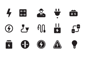 Black electricity and power icons on white background