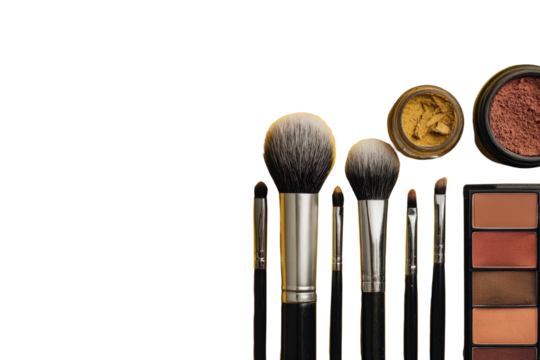 Makeup brushes and palettes on black background