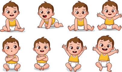 Cute baby boy in yellow tank top and diaper, multiple happy expressions and poses, cartoon vector illustration, adorable infant playing