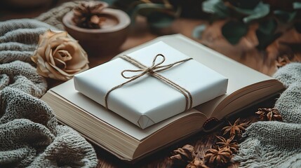 A white gift box rests on an open book surrounded by cozy autumn decor