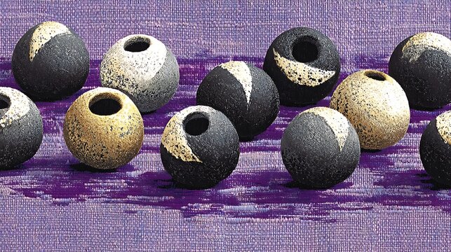 the image displays an array of diminutive spherical vases arranged in a linear pattern