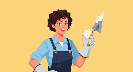 Woman builder with trowel showcasing construction trade work, worker wearing gloves holds construction tool. Construction trade work for construction site shows skilled worker.