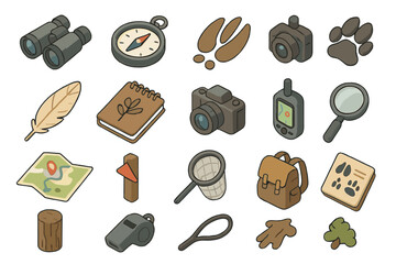 Outdoor adventure flat icon set. featuring binoculars, compass, wildlife tracking, camera, and backpack symbols