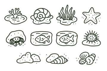 Marine life linear icon set. featuring coral, shell, seaweed, starfish, crab, fish, and sea urchin symbols