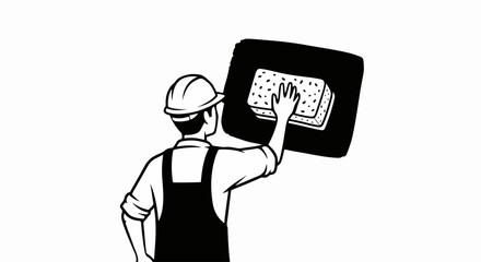 Builder cleaning wall, with worker applying sponge to surface. Cleaning wall, and smoothing plaster, shows preparation process for painting or finishing. Worker cleaning wall symbolizes renovation,