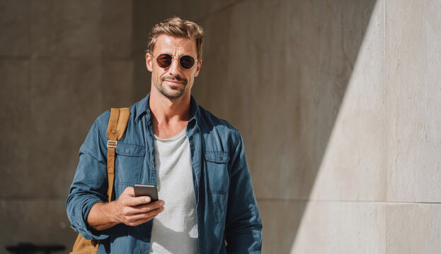 Confident man in sunglasses using smartphone outdoors, wearing casual shirt and backpack, standing in sunlight against modern stone wall, captured in urban setting.