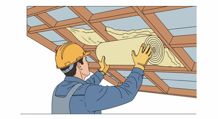Thermal insulation setup by worker with insulation roll to keep buildings comfortable, this thermal insulation setup depicts professional installing insulation in ceiling with gloves.