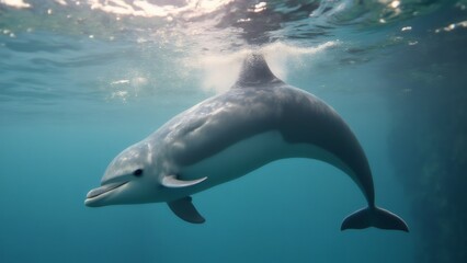 Naklejka premium Elegant dolphin swims gracefully in the clear blue ocean water.