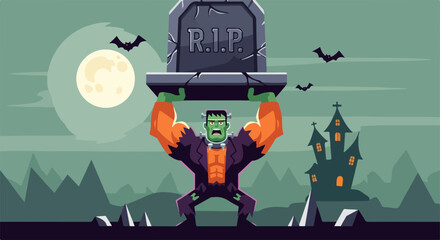Halloween scene showing monster holding tombstone, Halloween celebration with spooky Frankenstein monster rising tombstone over his head, under moonlit night.