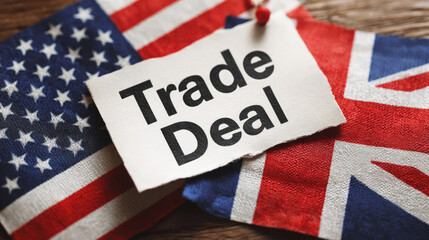 Obraz premium A conceptual image of the US-UK trade agreement, showing a torn piece of paper with the text 