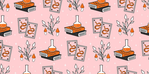 cute hand drawn halloween seamless vector pattern illustration with tarot cards with snakes and stars, branches and mushrooms, magic books and potion on pink background 