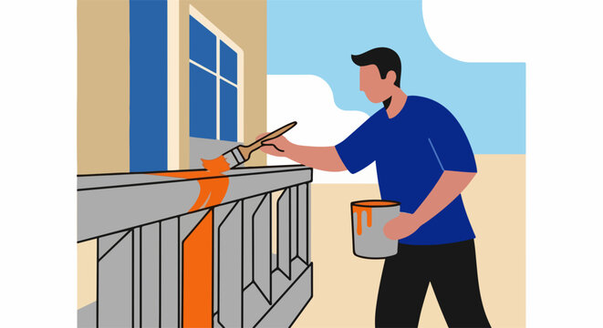 Painting fence with orange paint on bright, sunny day in suburban neighborhood. Painting fence makes renovation project enjoyable.