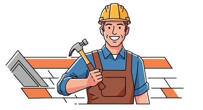 Smiling handyman at construction site with hammer in hand working on roof, construction site project. Sonriente manitas en la obra con martillo en mano trabajando en el techo,