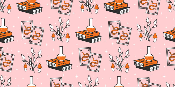 cute hand drawn halloween seamless vector pattern illustration with tarot cards with snakes and stars, branches and mushrooms, magic books and potion on pink background 