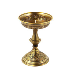 Ornate golden candle holder with intricate floral designs on a black backdrop