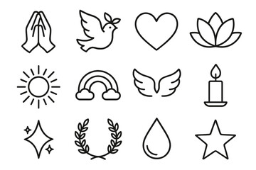 Fototapeta premium Religion and nature linear icons set. featuring prayer, dove, heart, lotus, sun, rainbow, wings, candle, star