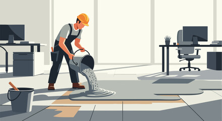 Office renovation with worker pouring cement on floor, office renovation includes new flooring and repairs, creating a modern workspace.