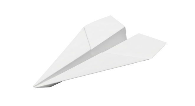 Isolated paper airplane flies freely, origami aeroplane, child's toy craft, folded paper