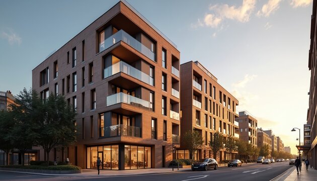 Modern mixed-use urban building exterior in London at sunset. Features commercial, residential units with balconies. Focus on sustainability, city planning concepts. Clear sky, roadway, business
