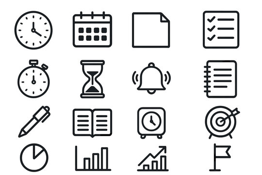 Time management flat icon set. featuring clock, calendar, checklist, notepad, pen, stopwatch, and alarm symbols
