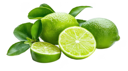 A close up of whole and halved limes with green leaves on a black isolated background studio shot