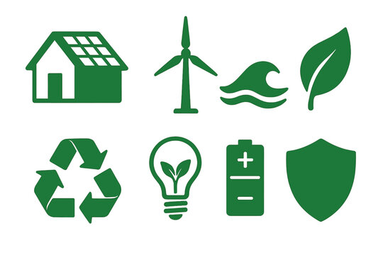Eco and energy linear icon set. featuring house, windmill, water wave, leaf, recycling, light bulb, battery, shield