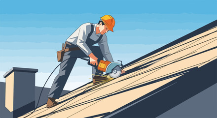 Roof repair is a professional's job, as shown by man working on rooftop with circular saw. Roof repair requires precision. Skilled worker focused on roof repair,