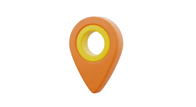 Isolated location pin icon with yellow circle inside on orange, map symbol, direction place