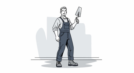 Construction worker illustration with worker holding trowel, dressed in work clothes. Construction worker with confident pose. Illustration shows tradesman ready for the job,