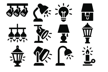 Lighting equipment silhouette icon set. featuring lamps, chandeliers, lanterns, candles, and bulbs