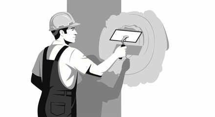 Plastering wall scene showing repair work by construction worker with trowel. Plastering wall concept includes smoothing plaster, and applying repair to interior wall surface in home.