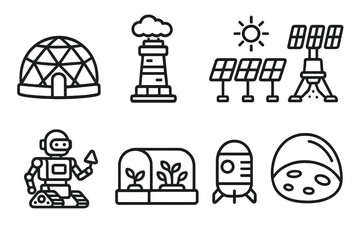 Futuristic energy linear icon set. featuring dome, lighthouse, solar panels, robot, greenhouse, rocket, and helmet