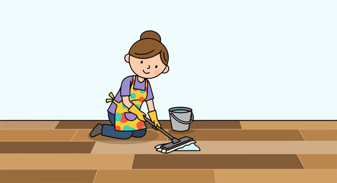 House cleaning with a mop on wooden floor, woman at home is doing house cleaning with a mop on the wooden floor. Daily routine includes woman cleaning floor.