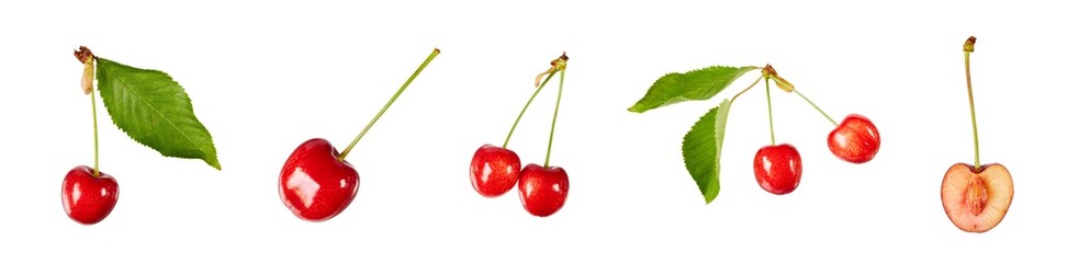 set of various cherries with and without leaves isolated on white or transparent png