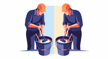 Construction worker mixing paint in bucket for painting project. Construction worker stirs white color in container with paddle for construction site job, emphasizing mixing paint.
