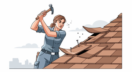 Roofer at work repairing shingles on roof, skillful roofer focused on tasks, home improvement. Кровельщик за работой, ремонтирует черепицу на крыше, умелый кровельщик, сосредоточенный на задачах,