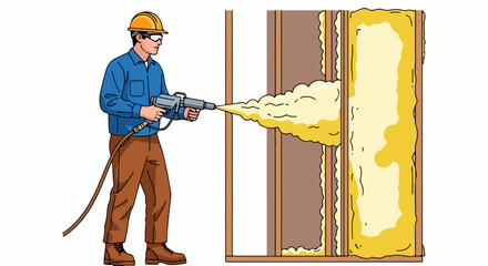Spray foam insulation being applied to wall studs during construction. Worker applies spray foam insulation,