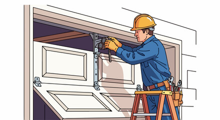 Garage door repair shows repairman in action, using tools to fix door. Garage door repair requires precision and expertise for smooth operation.