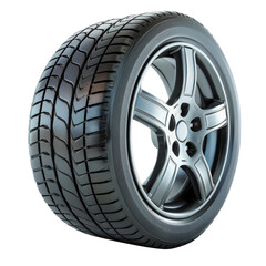 Obraz premium Realistic car tire and alloy wheel, black rubber tread with silver rim, automotive spare wheel for transport and repair isolated on Transparent Background