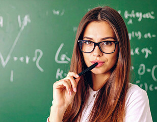 Estudiante universitaria con gafas y bolígrafo en gesto pensativo frente a pizarra con fórmulas matemáticas representando educación reflexión lógica ciencia aprendizaje e investigación