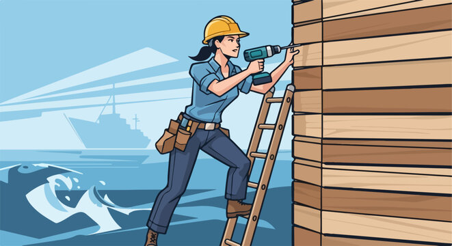 Construction worker at work with power drill near the sea, drilling wood to install planks on an outer wall. Construction worker is dedicated in profession. - Powered by Adobe