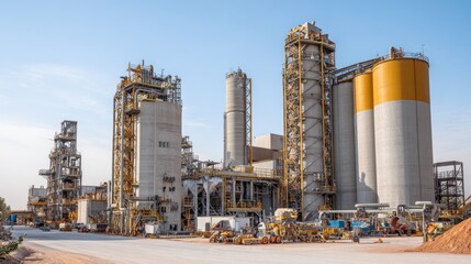 Industrial Facility Featuring Large Silos, Pipes, and Heavy Machinery Under Clear Blue Sky in Daylight