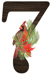 Watercolor illustration of the number 7 decorated with winter birds — cardinal, bohemian waxwing, blue jay, hoary redpoll — and Christmas plants. Perfect for monograms and festive holiday designs.