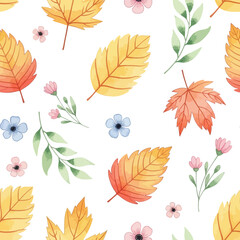 Obraz premium A beautiful seamless pattern of hand-painted watercolor autumn leaves and delicate flowers on a clean white background